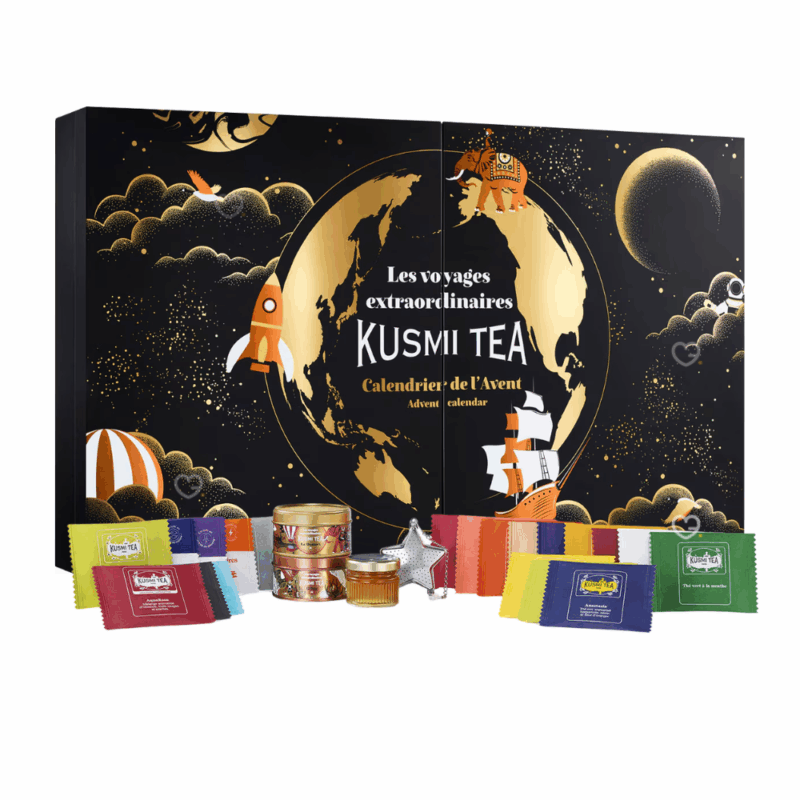 Coffret noir illustré voyage Calendrier de l’Avent Kusmi Tea 2025 avec 24 thés bio variés et infusions, cadeau pour amateurs de thé premium, homme ou femme
