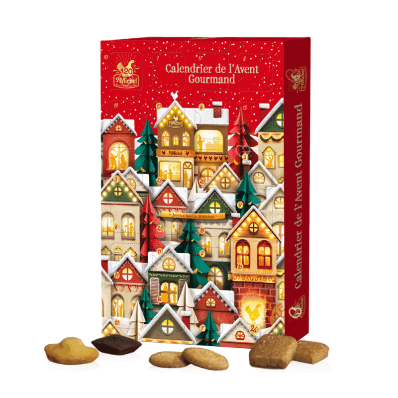 Calendrier de l’Avent St Michel 2025 contenant 24 pâtisseries et biscuits aux 11 saveurs, édition gourmande pour famille et amateur de gourmandises françaises.