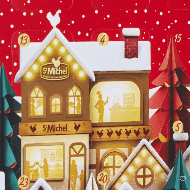 Calendrier de l’Avent St Michel 2025 contenant 24 pâtisseries et biscuits aux 11 saveurs, édition gourmande pour famille et amateur de gourmandises françaises.