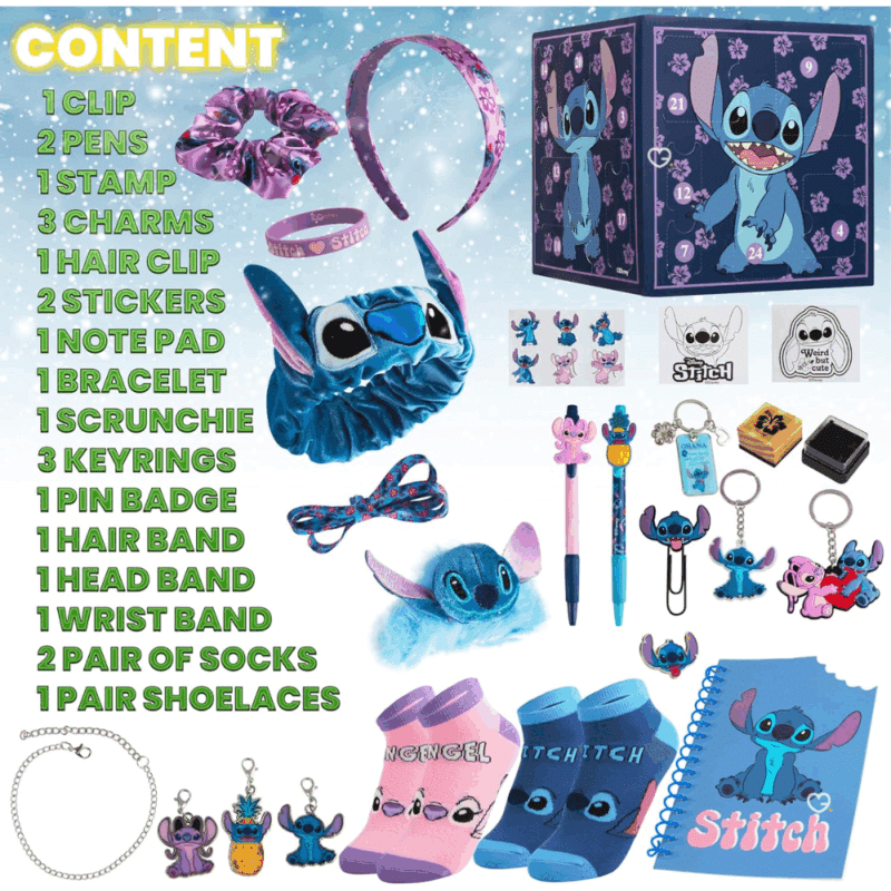 Calendrier de l’Avent Stitch 2025 Disney avec 24 surprises papeterie, bijoux, mini-figurines et décorations festives pour fans et enfants.
