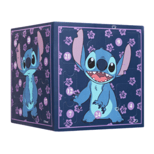 Calendrier de l’Avent Stitch 2025 Disney avec 24 surprises papeterie, bijoux, mini-figurines et décorations festives pour fans et enfants.
