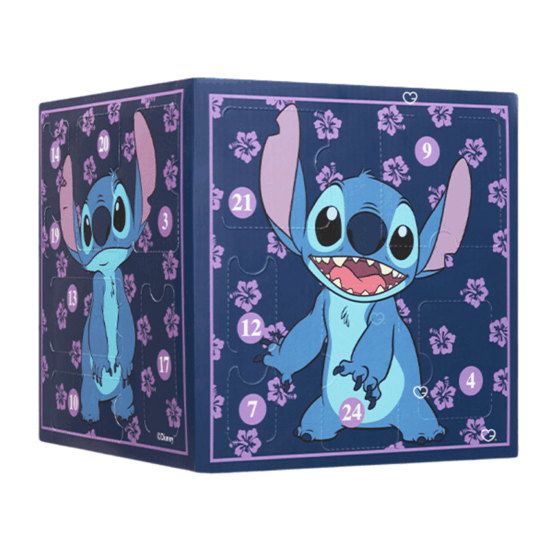 Calendrier de l’Avent Stitch 2025 Disney avec 24 surprises papeterie, bijoux, mini-figurines et décorations festives pour fans et enfants.