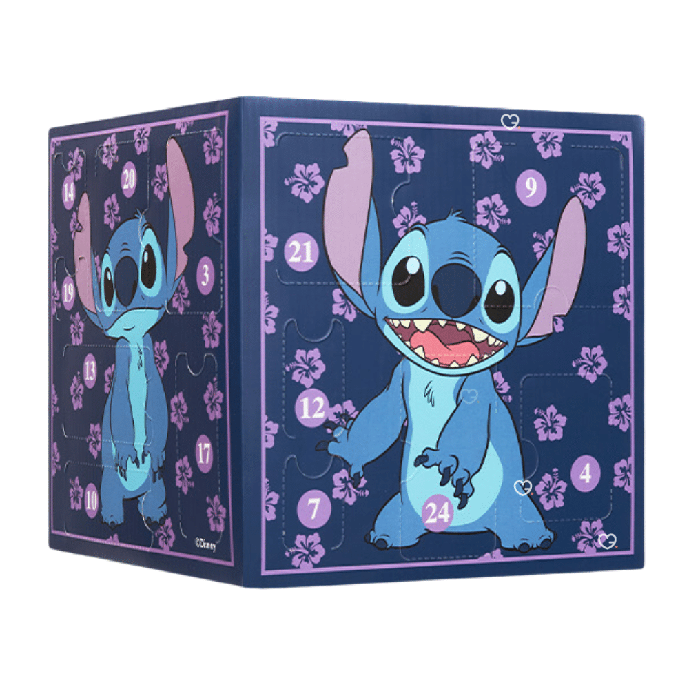 Calendrier de l’Avent Stitch 2025 Disney avec 24 surprises papeterie, bijoux, mini-figurines et décorations festives pour fans et enfants.