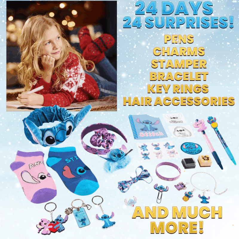 Calendrier de l’Avent Stitch 2025 Disney avec 24 surprises papeterie, bijoux, mini-figurines et décorations festives pour fans et enfants.