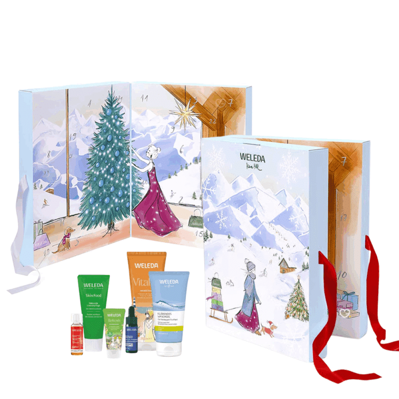 Calendrier de l’Avent Weleda 2025 avec 24 soins beauté bio et graines, coffret naturel et festif pour femmes en quête de bien-être.