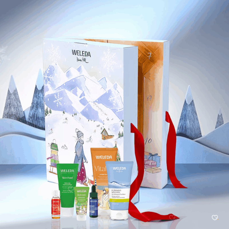 Calendrier de l’Avent Weleda 2025 avec 24 soins beauté bio et graines, coffret naturel et festif pour femmes en quête de bien-être.