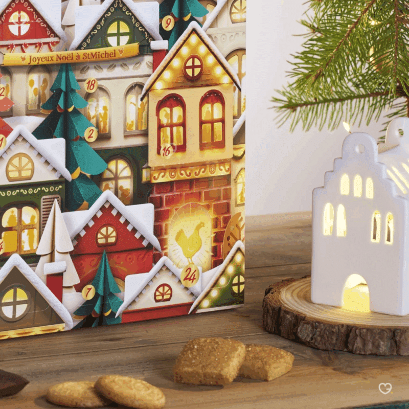 Calendrier de l’Avent St Michel 2025 contenant 24 pâtisseries et biscuits aux 11 saveurs, édition gourmande pour famille et amateur de gourmandises françaises.