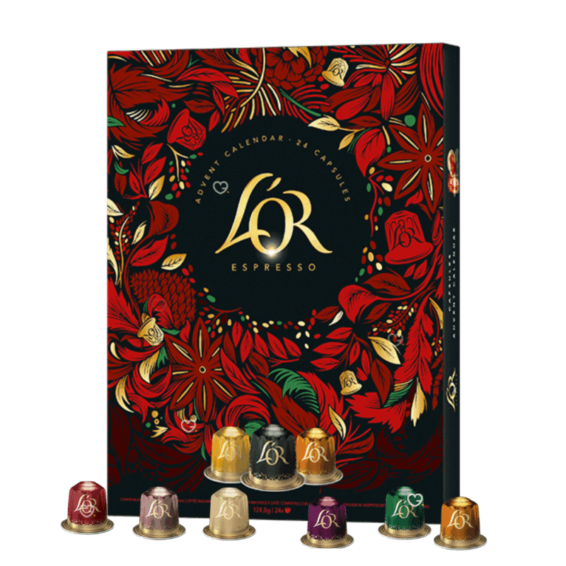 Calendrier de l’Avent L'Or Expresso 2025 offrant 24 capsules de café premium compatibles Nespresso, ambiance dorée et festive pour amateurs de café.
