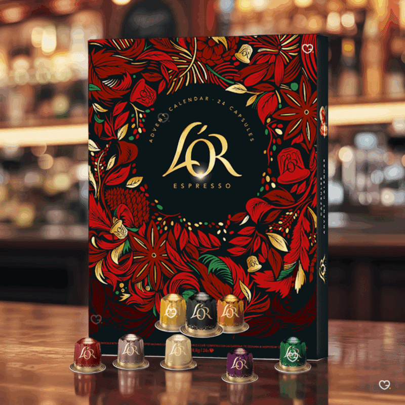 Calendrier de l’Avent L'Or Expresso 2025 contenant 24 capsules de café premium compatibles Nespresso, aromes variés pour amateurs de café.