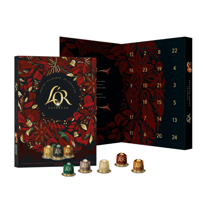 Calendrier de l’Avent L'Or Expresso 2025 contenant 24 capsules de café premium compatibles Nespresso, aromes variés pour amateurs de café.
