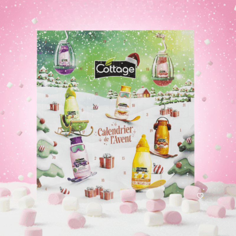 Calendrier de l’Avent Cottage 2025 avec 24 soins beauté cocooning pour femmes : douches lait hydratantes, senteurs gourmandes et décor hivernal idéal pour femme et jeune fille