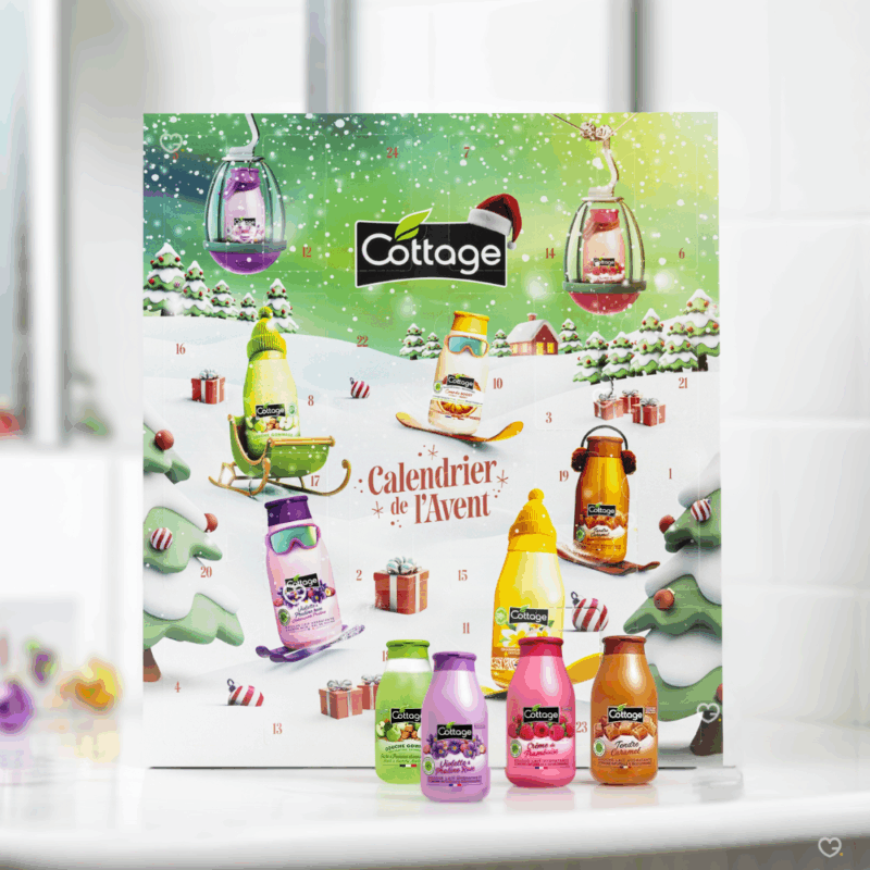 Calendrier de l’Avent Cottage 2025 avec 24 soins beauté cocooning pour femmes : douches lait hydratantes, senteurs gourmandes et décor hivernal idéal pour femme et jeune fille