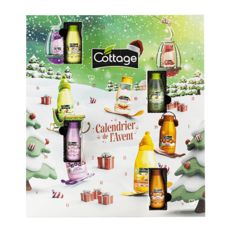 Calendrier de l’Avent Cottage 2025 avec 24 soins beauté cocooning pour femmes : douches lait hydratantes, senteurs gourmandes et décor hivernal idéal pour femme et jeune fille