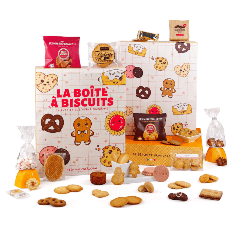 Calendrier de l’Avent Biscuit 2025, boîte festive rouge et dorée renfermant 24 biscuits artisanaux gourmands pour adulte, homme femme gourmand amateurs sucrés