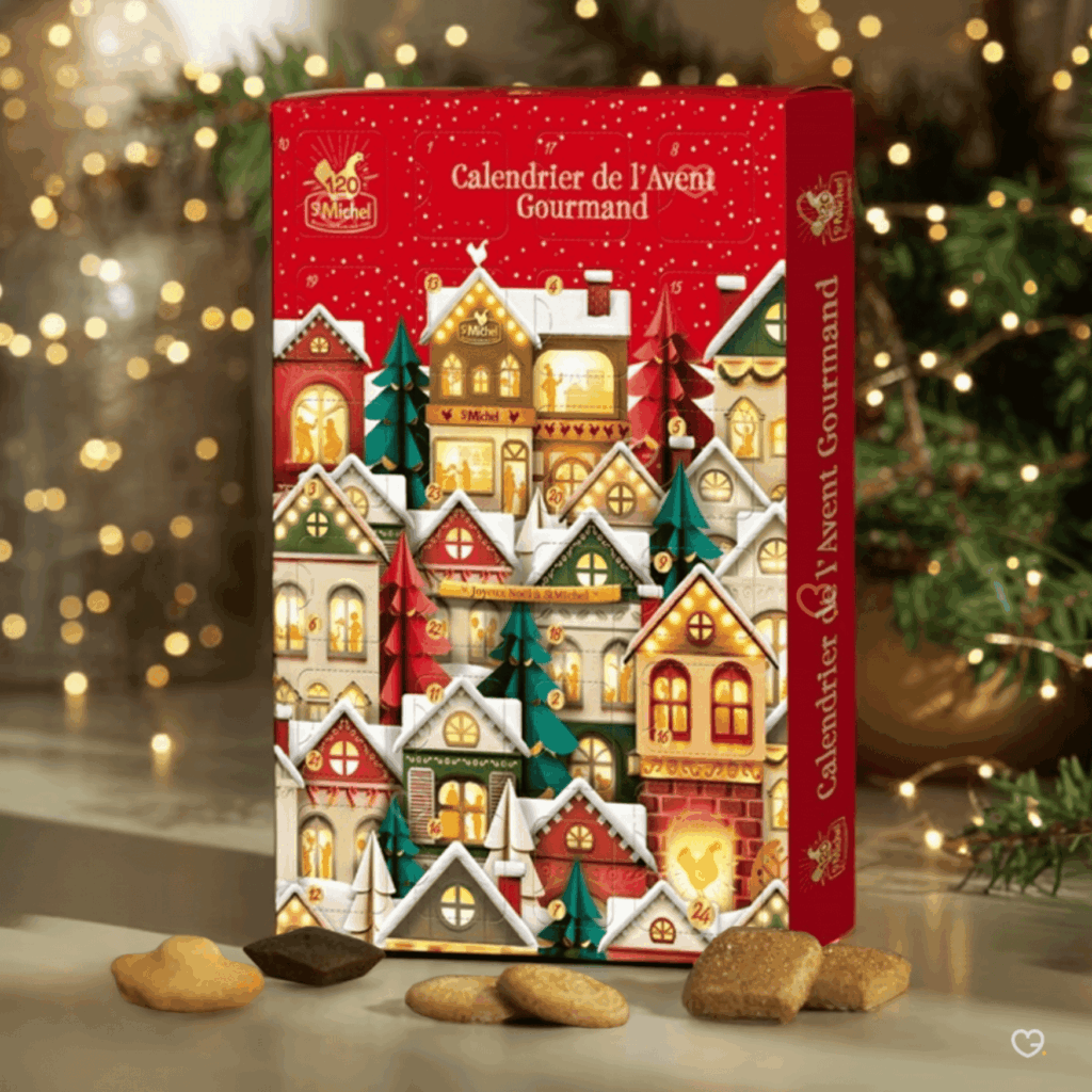 Calendrier de l’Avent St Michel 2025 contenant 24 pâtisseries et biscuits aux 11 saveurs, édition gourmande pour famille et amateur de gourmandises françaises.