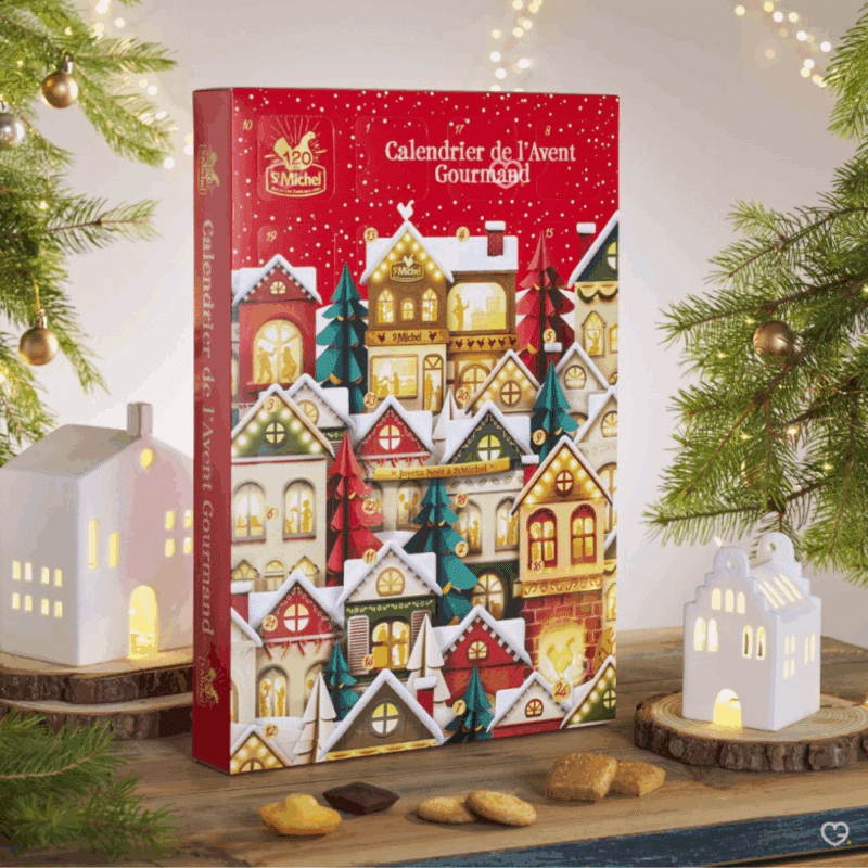 Calendrier de l’Avent St Michel 2025 contenant 24 pâtisseries et biscuits aux 11 saveurs, édition gourmande pour famille et amateur de gourmandises françaises.