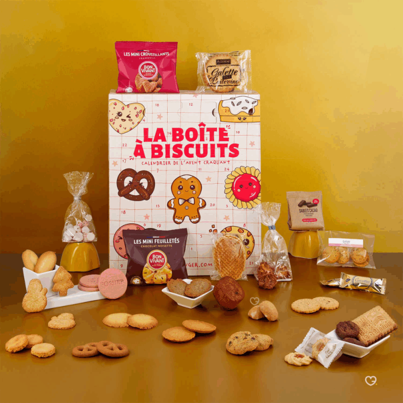 Calendrier de l’Avent Biscuit 2025, boîte festive rouge et dorée renfermant 24 biscuits artisanaux gourmands pour adulte, homme femme gourmand amateurs sucrés