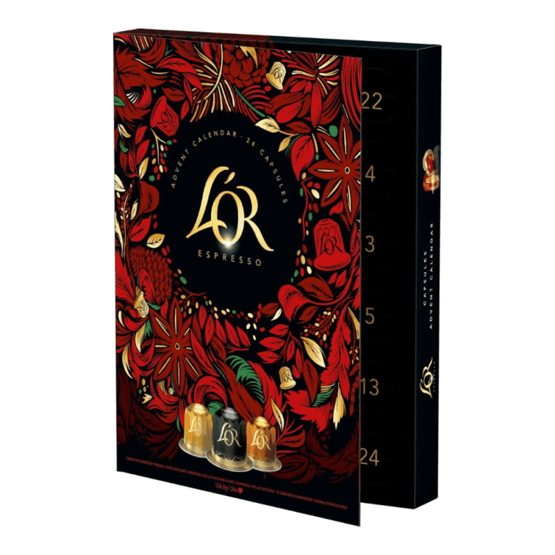 Calendrier de l’Avent L'Or Expresso 2025 contenant 24 capsules de café premium compatibles Nespresso, aromes variés pour amateurs de café.