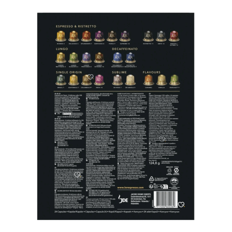 Calendrier de l’Avent L'Or Expresso 2025 contenant 24 capsules de café premium compatibles Nespresso, aromes variés pour amateurs de café.