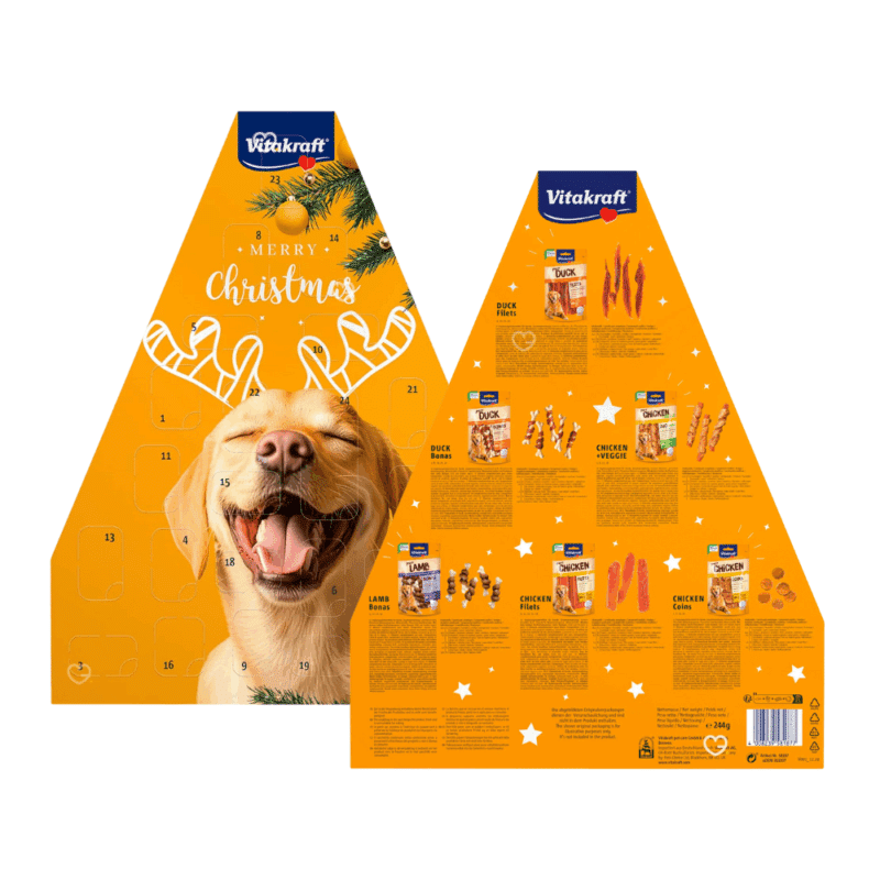 Calendrier de l’Avent Vitakraft Chien 2025 avec 24 friandises saines aux saveurs variées, coffret festif pour propriétaires de chiens.
