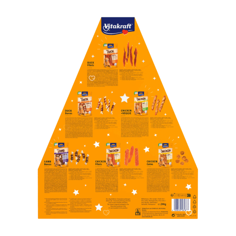 Calendrier de l’Avent Vitakraft Chien 2025 avec 24 friandises saines aux saveurs variées, coffret festif pour propriétaires de chiens.
