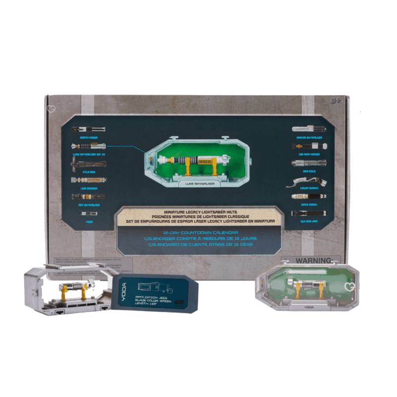 Calendrier de l’Avent Star Wars Sabres Laser 2025 avec 12 mini sabres collector inspirés de Yoda, Dooku et Mace Windu, idéal pour fans enfant et homme fans de l'univers Star Wars.