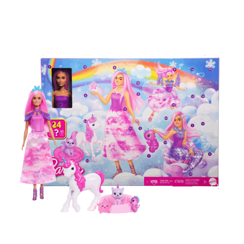 Calendrier de l’Avent Barbie Sirène 2025 avec 24 surprises : poupée, animaux féeriques et accessoires magiques pour fille fan de Barbie ou poupée.