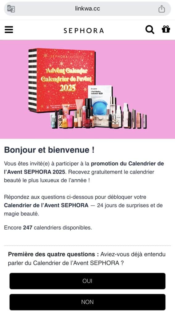 arnaque calendrier avent sephora whatsapp
