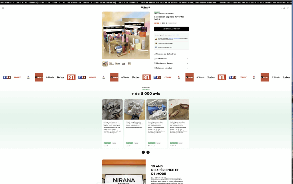 site arnaque calendrier avent NIRANA