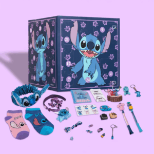 Calendrier de l’Avent Stitch 2025 Disney avec 24 surprises papeterie, bijoux, mini-figurines et décorations festives pour fans et enfants.