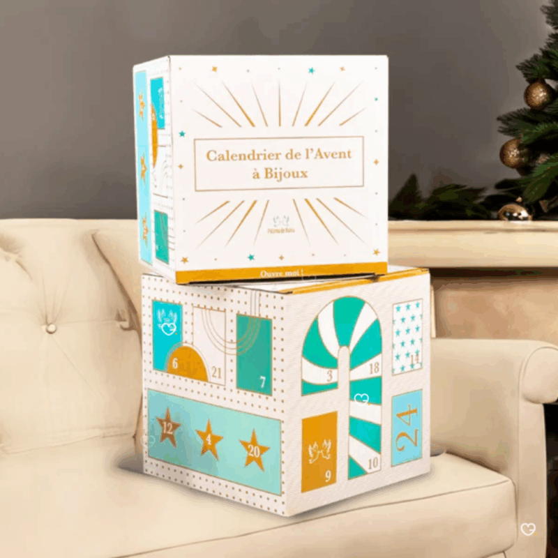 Calendrier de l’Avent Paloma de Bahia 2025 avec 23 bijoux doré ou argenté et un accessoire de cheveux, parfait pour femmes raffinées à Noël.