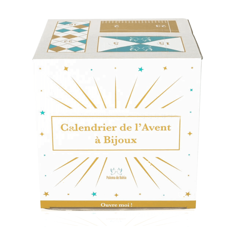 Calendrier de l’Avent Paloma de Bahia 2025 avec 23 bijoux doré ou argenté et un accessoire de cheveux, parfait pour femmes raffinées à Noël.
