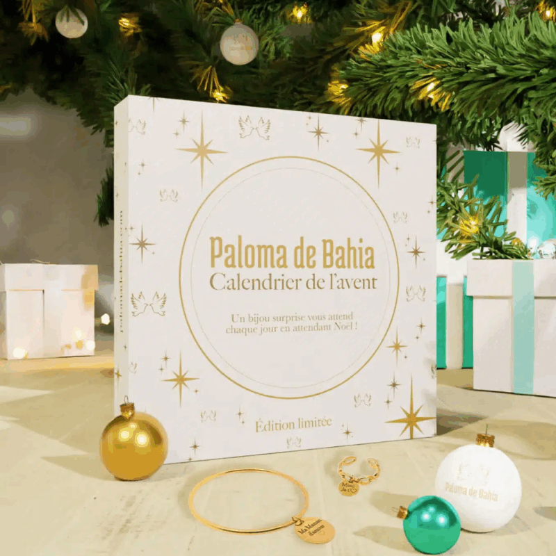 Calendrier de l’Avent Paloma de Bahia 2025 avec 23 bijoux doré ou argenté et un accessoire de cheveux, parfait pour femmes raffinées à Noël.