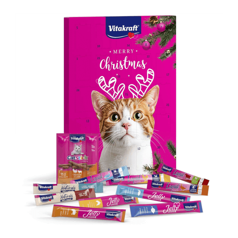 Calendrier de l’Avent pour chat Vitakraft 2025 avec 24 friandises liquides au saumon et autres saveurs naturelles, idéal pour gâter son chat à Noël.