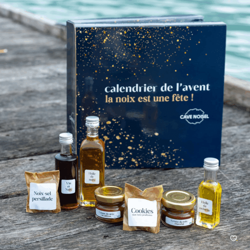 Calendrier de l’Avent Cave Noisel 2025 offrant 24 spécialités gourmandes sucrées et salées à base de noix, idéal pour amateurs de produits artisanaux.
