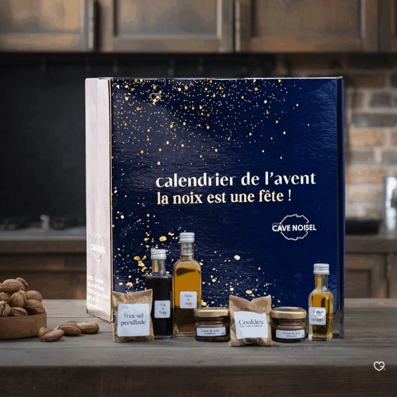 Calendrier de l’Avent Cave Noisel 2025 offrant 24 spécialités gourmandes sucrées et salées à base de noix, idéal pour amateurs de produits artisanaux.