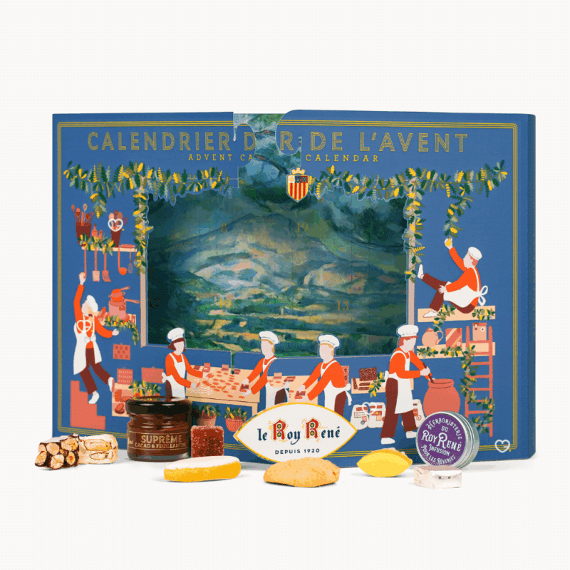 Coffret gourmand gourmand Calendrier de l’Avent Le Roy René 2025 avec 24 douceurs provençales : calissons, nougats, amandes et biscuits artisanaux pour gourmets.