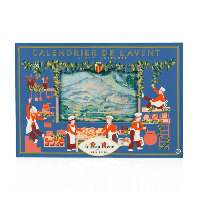 Coffret gourmand gourmand Calendrier de l’Avent Le Roy René 2025 avec 24 douceurs provençales : calissons, nougats, amandes et biscuits artisanaux pour gourmets.
