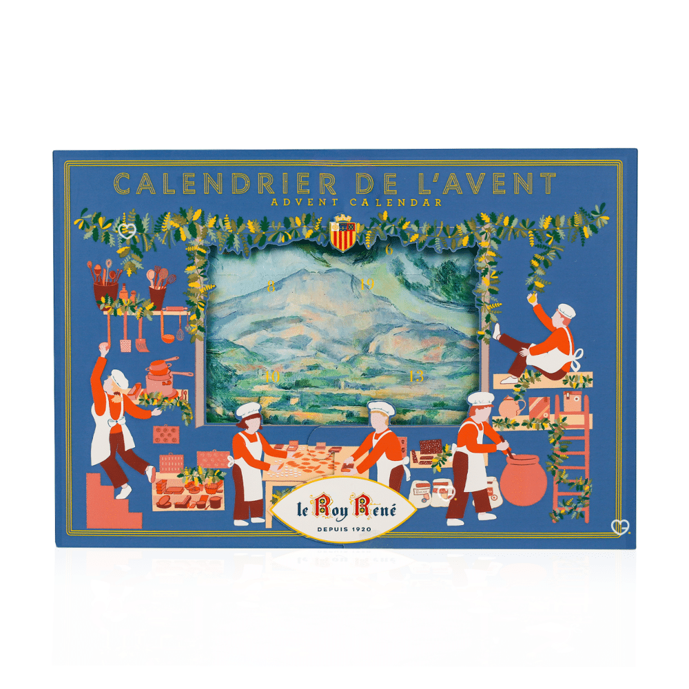 Coffret gourmand gourmand Calendrier de l’Avent Le Roy René 2025 avec 24 douceurs provençales : calissons, nougats, amandes et biscuits artisanaux pour gourmets.