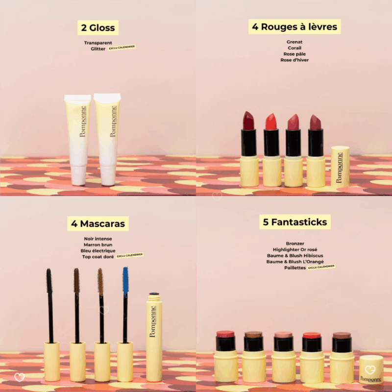 Calendrier de l’Avent Pomponne 2025 coffret beauté vegan avec 24 produits make-up et maquillage full size et accessoires éthiques pour femme.