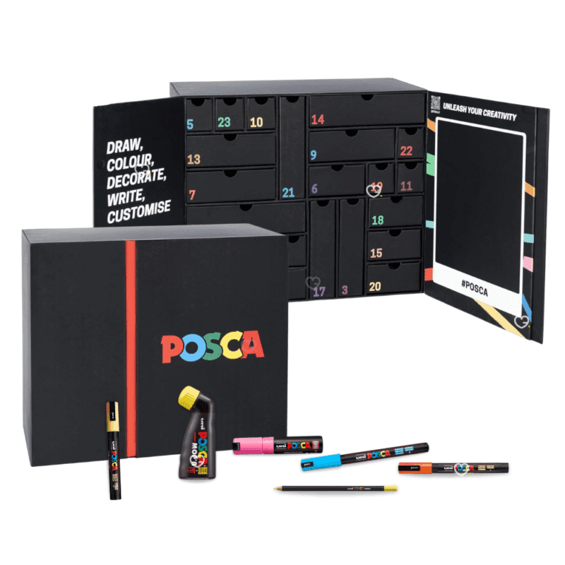 Calendrier de l’Avent POSCA 2025 avec 24 produits de papeterie créative, feutres colorés et accessoires DIY pour amateurs d’art et de dessin.
