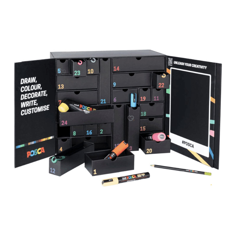 Calendrier de l’Avent POSCA 2025 avec 24 produits de papeterie créative, feutres colorés et accessoires DIY pour amateurs d’art et de dessin.