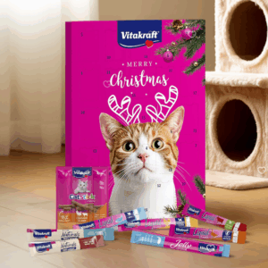 Calendrier de l’Avent pour chat Vitakraft 2025 avec 24 friandises liquides au saumon et autres saveurs naturelles, idéal pour gâter son chat à Noël.