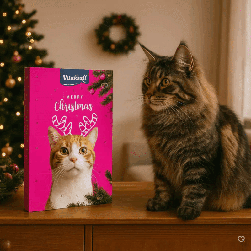 Calendrier de l’Avent pour chat Vitakraft 2025 avec 24 friandises liquides au saumon et autres saveurs naturelles, idéal pour gâter son chat à Noël.