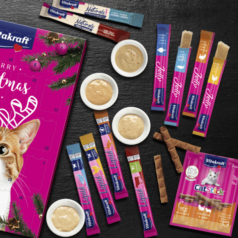 Calendrier de l’Avent pour chat Vitakraft 2025 avec 24 friandises liquides au saumon et autres saveurs naturelles, idéal pour gâter son chat à Noël.
