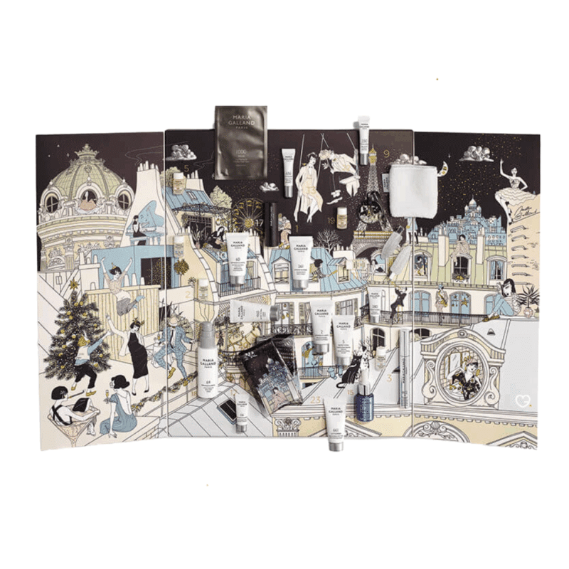 Calendrier de l’Avent Maria Galland 2025, coffret beauté luxe avec 24 soins visage, yeux, lèvres et accessoires pour femme raffinée