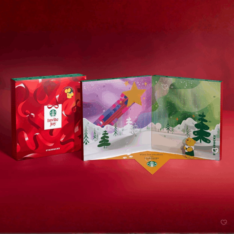 Calendrier de l’Avent starbucks 2025 gourmand avec 24 surprises caféinées, accessoires et goodies exclusifs pour amateur de café.