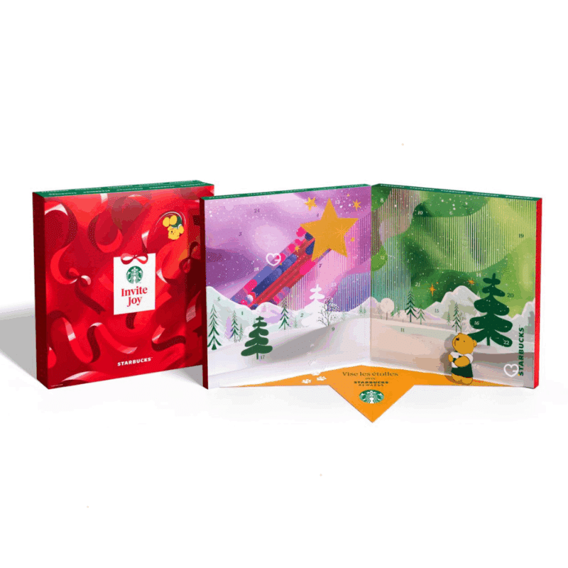 Calendrier de l’Avent starbucks 2025 gourmand avec 24 surprises caféinées, accessoires et goodies exclusifs pour amateur de café.