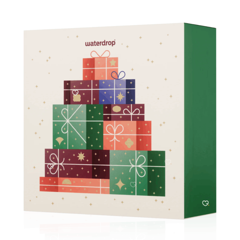 Calendrier de l’Avent Waterdrop 2025 grand format, 25 surprises gourmandes et bien-être pour adultes urbains : microdrinks fruités, accessoires et douceurs festives.