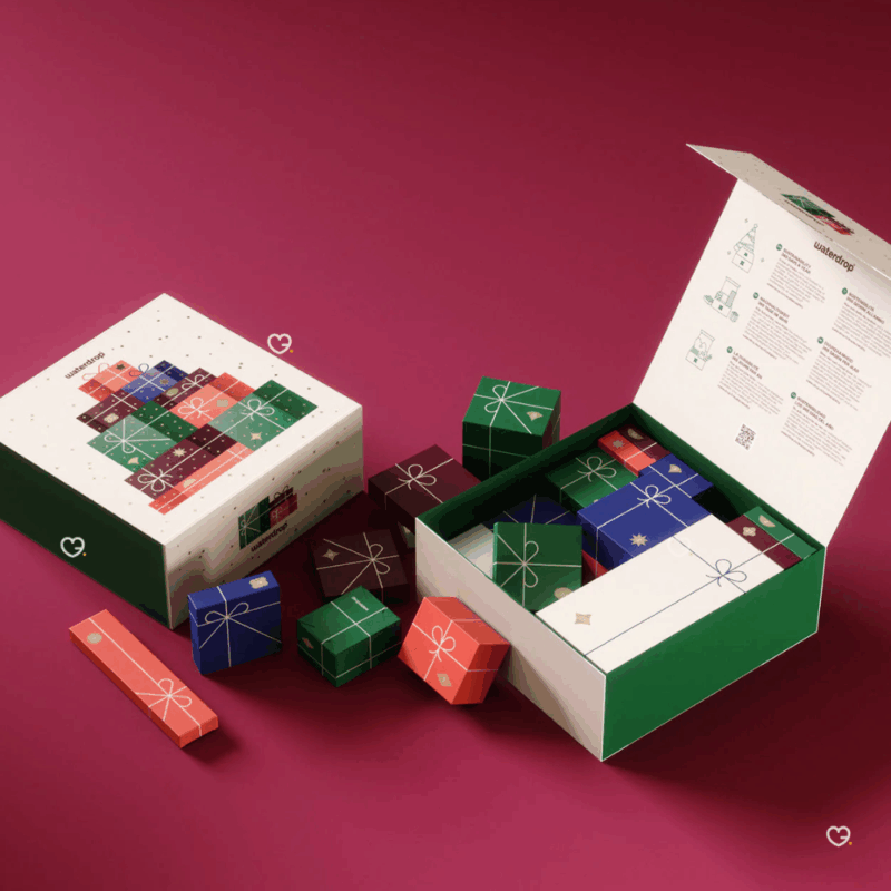 Calendrier de l’Avent Waterdrop 2025 grand format, 25 surprises gourmandes et bien-être pour adultes urbains : microdrinks fruités, accessoires et douceurs festives.